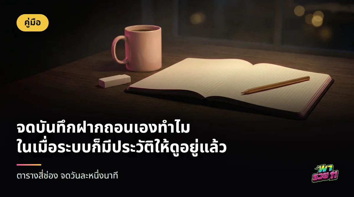 สมุดบันทึกปกแข็งสีดำเปิดค้างเห็นเส้นตารางเปล่า มีดินสอเหลาแหลม ยางลบ และแก้วเซรามิกสีชมพูอ่อนใส่กาแฟบนโต๊ะไม้ริมหน้าต่าง